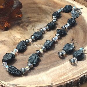 Women's Black Rock and Bead Dangle Earrings and Silver Toned Closure Necklace